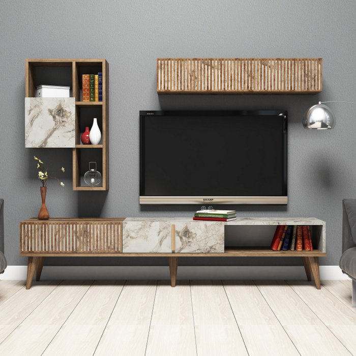 Hanah Home Milan - Unidad de TV Nogal y Blanco con Estanterías Hanah Home Milan - Unidad de TV Nogal y Blanco con Estanterías